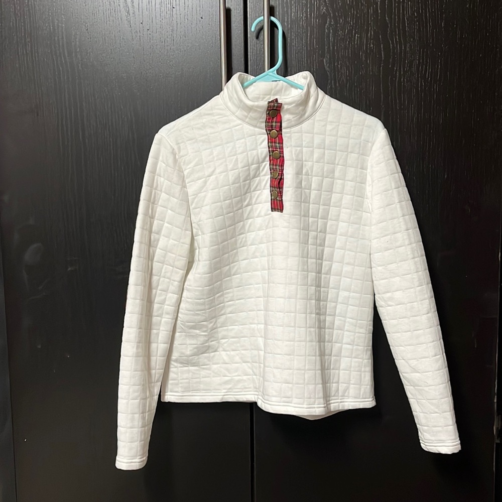 SHEIN Stitched Half Button Sweater - White with Plaid - Medium